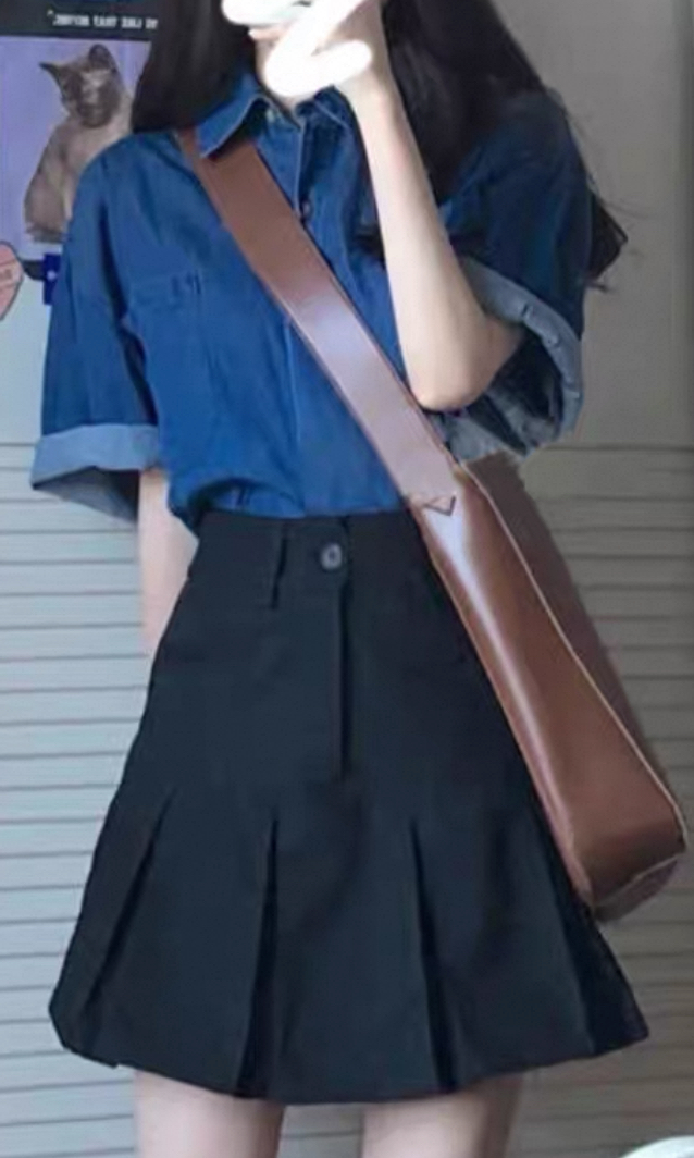 兩件式夏季洋裝 鹽甜俏皮少女 牛仔襯衫  溫柔風  學院風 百褶裙