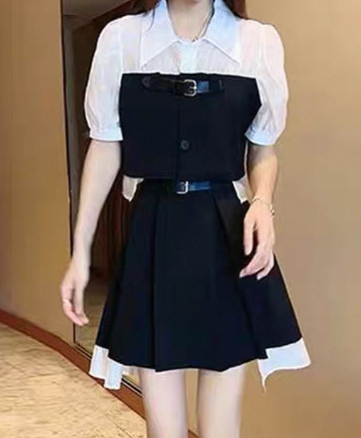 韓版拼接假兩件襯衫 短袖上衣 百褶裙