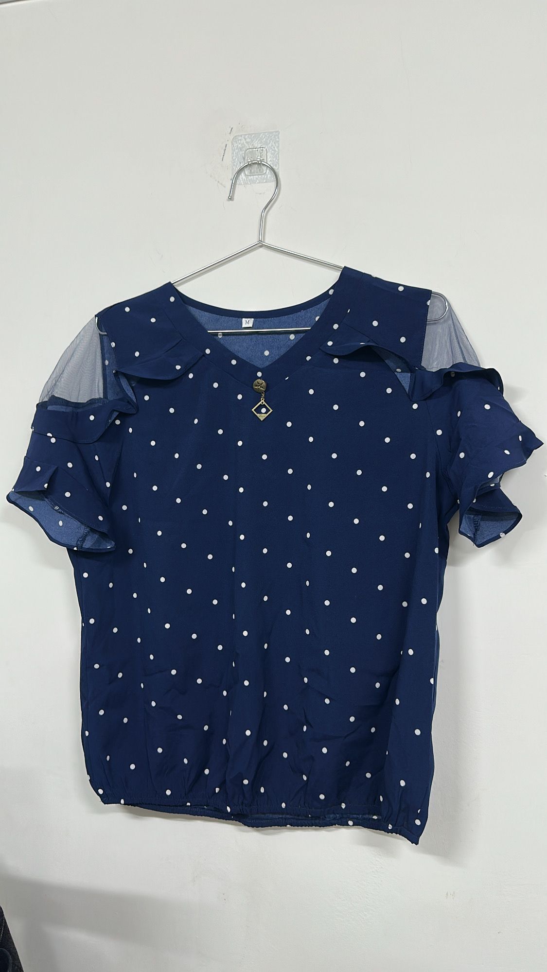 顯瘦遮肉 雪紡波點短袖上衣 氣質 深藍 夏季涼爽