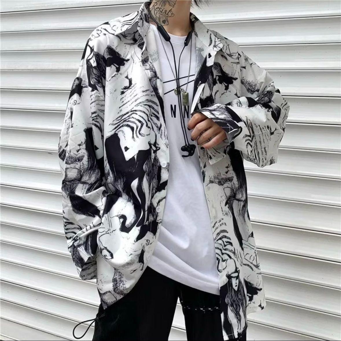 INS 港風水墨長袖襯衫 防曬開衫外套