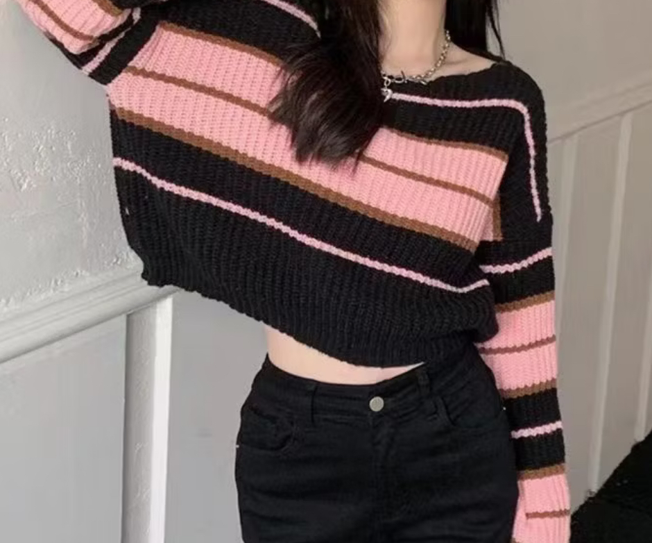 韓系條紋短版針織上衣