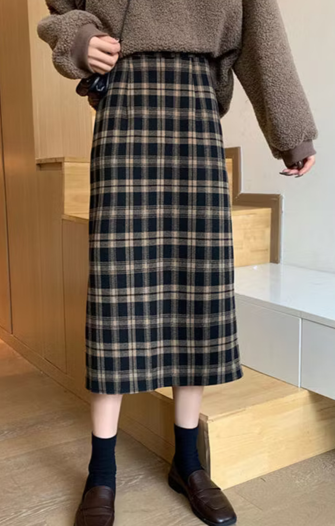 日系格子中長裙