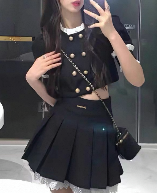 純欲辣妹 a字百褶裙 小香風套裝