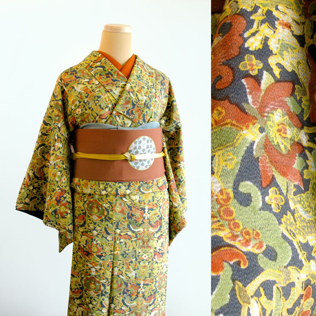 更紗花與鳥 | 小紋和服  [ 冬春 雙層 衣長144 /裄長 64 ]