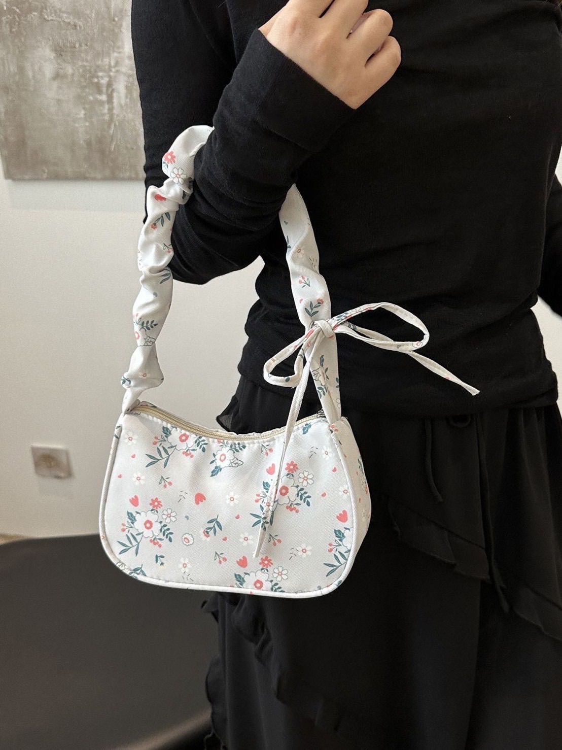 溫柔甜美花朵帆布包女2024新款抽繩 單肩包高顏值百搭蝴蝶結腋下包