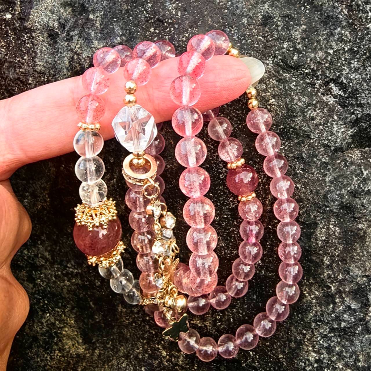 ╭＊限售價＊╮設計款草莓晶三圈手鍊6.8mm 招桃花 招愛情 搭白水晶檸檬黃水晶 手串