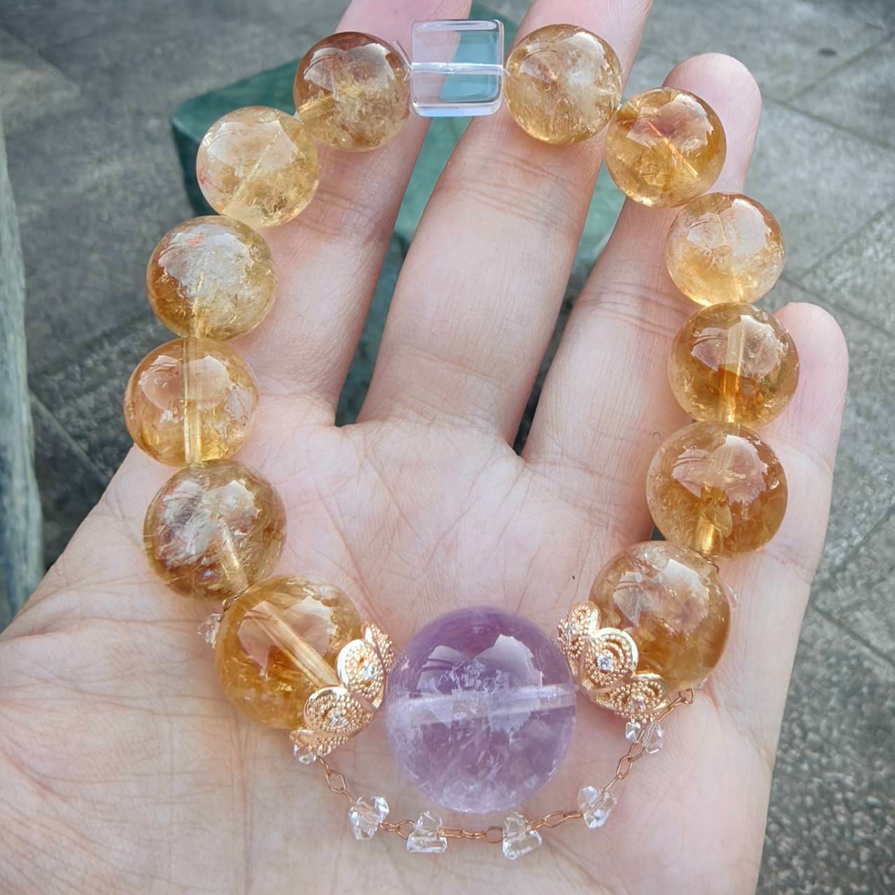╭＊金色三麥＊╮天然黃水晶13.5mm+紫水晶17.4mm手鍊 手串 水晶