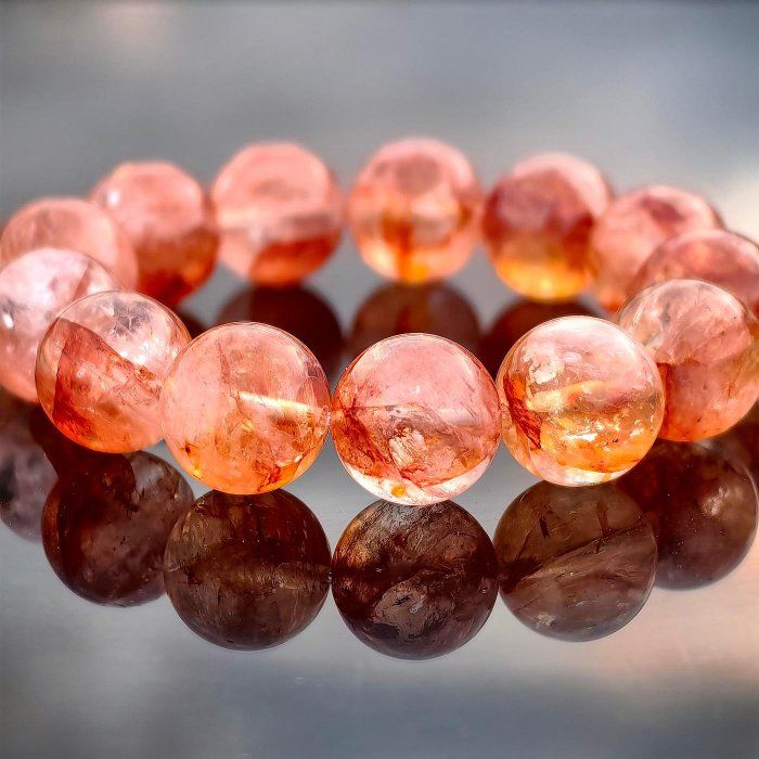 ╭＊落日餘暉＊╮天然血橙紅膠花水晶手鍊14.7mm 手圍16.5可加大 手串 手環 水晶DIY 招財 增加人緣