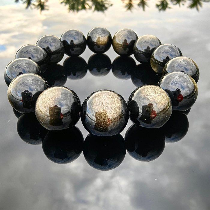 《典藏》天然傳承典藏級金曜石手鍊 14.1mm 手圍17 水晶 手串 礦石