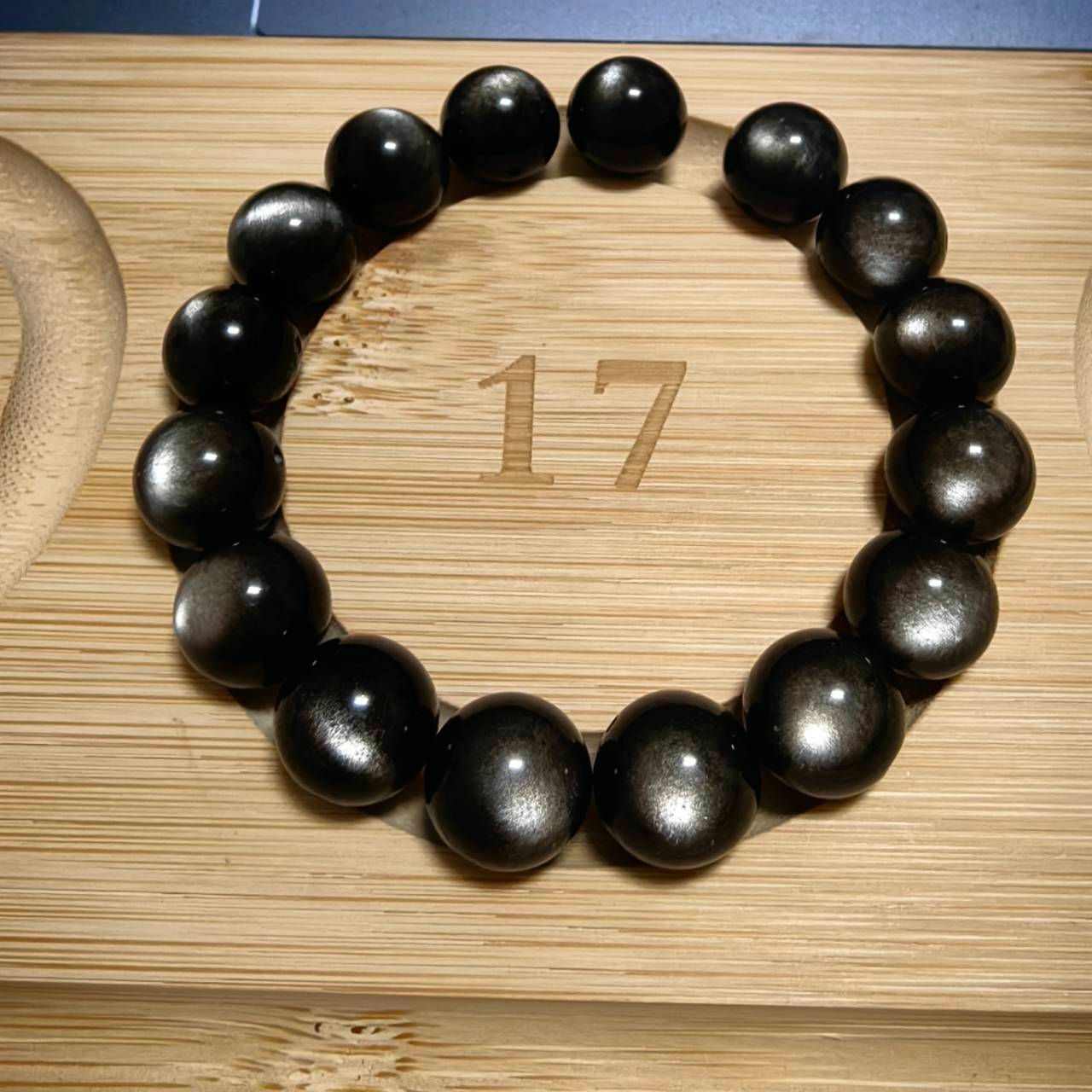 《典藏》天然銀曜石手鍊 12.3mm 手圍17 水晶 手串 礦石