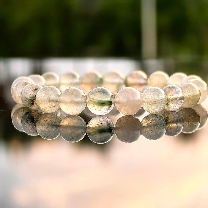 ╭＊迷霧森林＊╮天然溫柔綠兔毛手鍊 9mm 手圍15.5 帶紅膠花 水晶 手串 兔毛