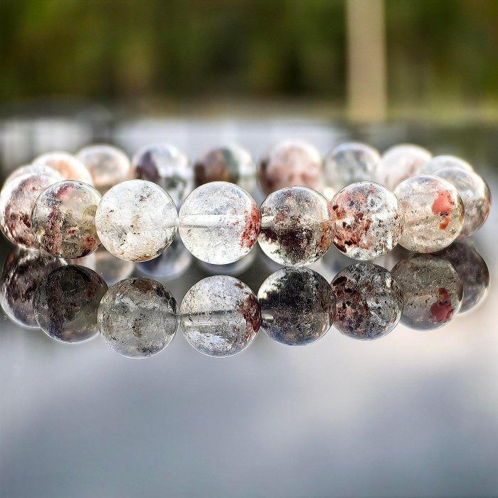 ╭＊穿越。小主D＊╮天然幽靈手鍊 11.4mm 手圍16.5 水晶 帶膠花 彩幽靈 綠幽靈 招正財 招事業 手串 紅幽靈