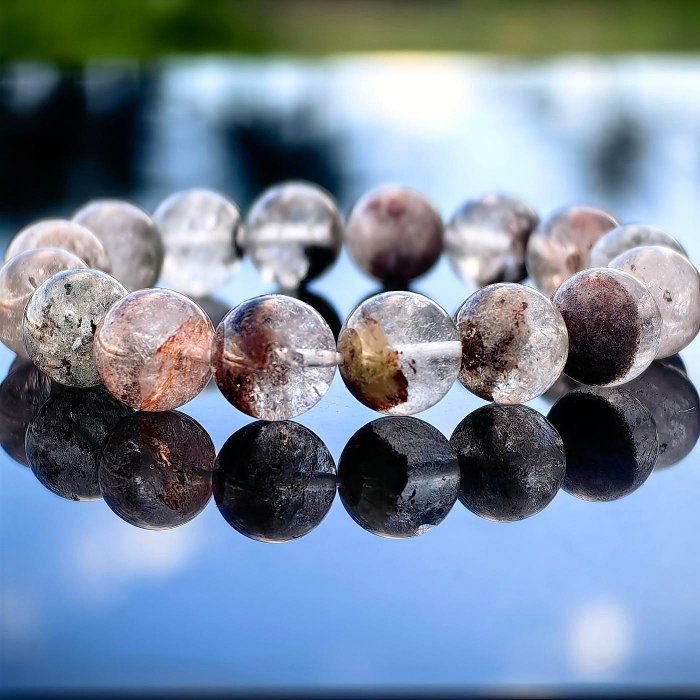 ╭＊穿越。小主B＊╮天然幽靈手鍊 11.5mm 手圍16 帶紅膠花 水晶 彩幽靈 綠幽靈 招正財 招事業 手串 紅幽靈