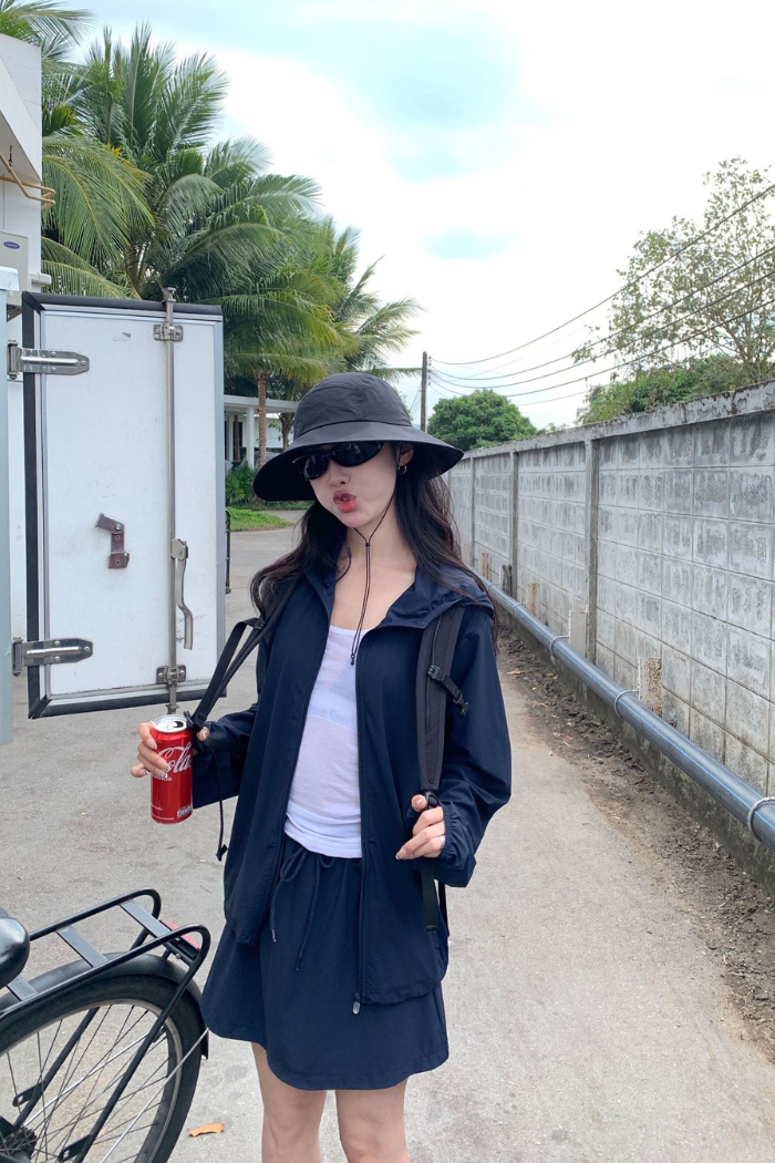 涼感防曬套裝｜連帽冰絲外套＋鬆緊短裙 （3色）