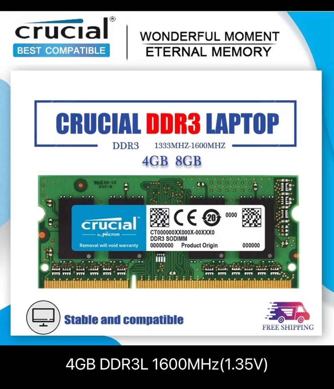 131.Crucial DDR3 RAM 4GB DDR3 1600MHz DDR3L 1600