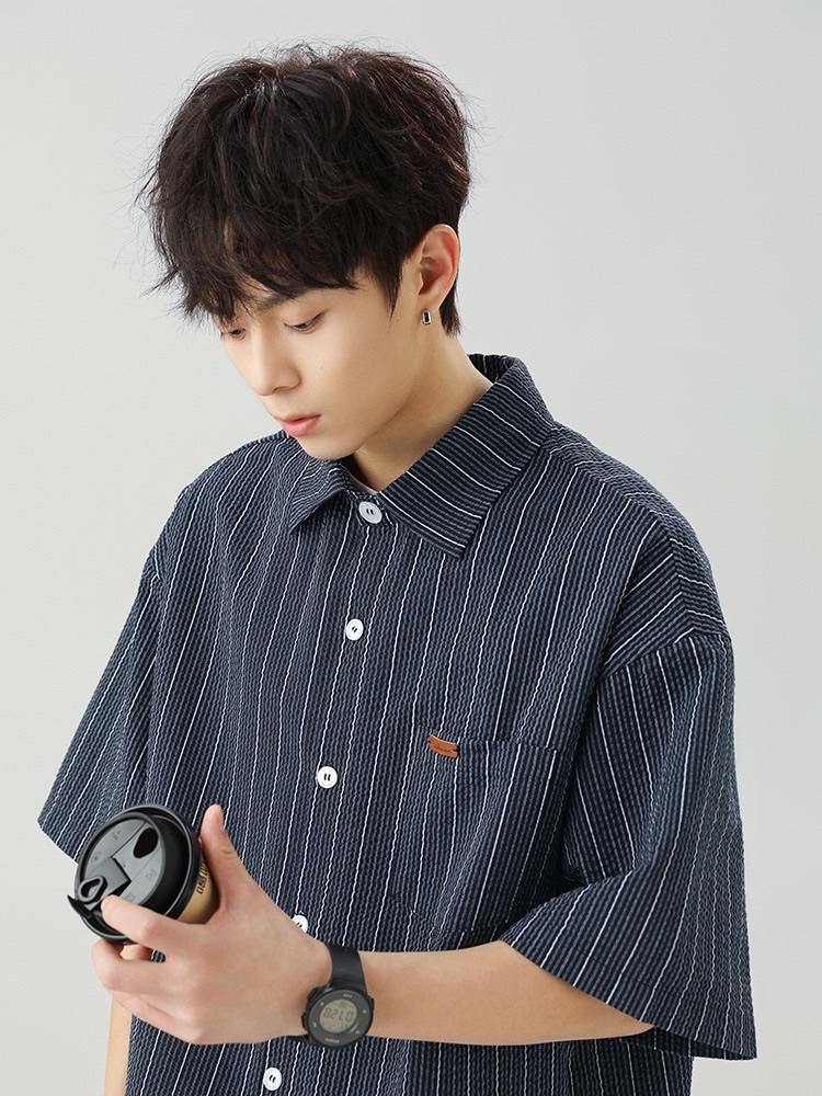 壓皺條紋小標襯衫（兩色）