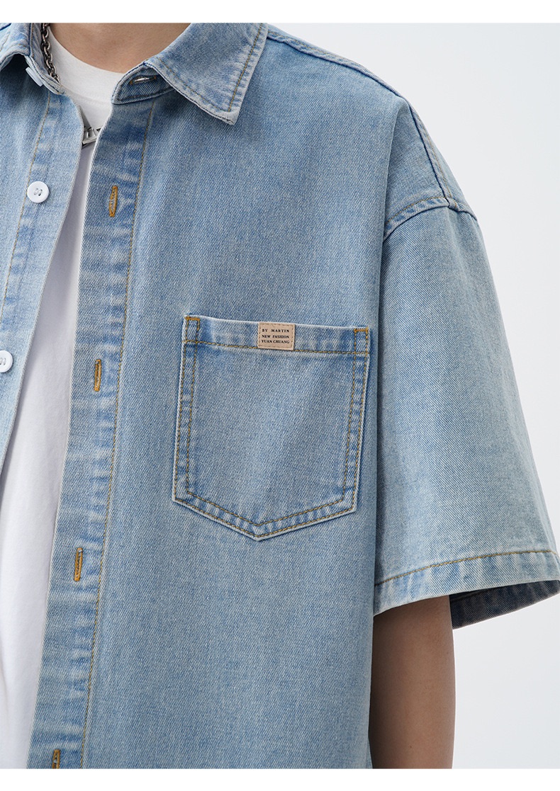 水洗做舊小標牛仔襯衫（三色）