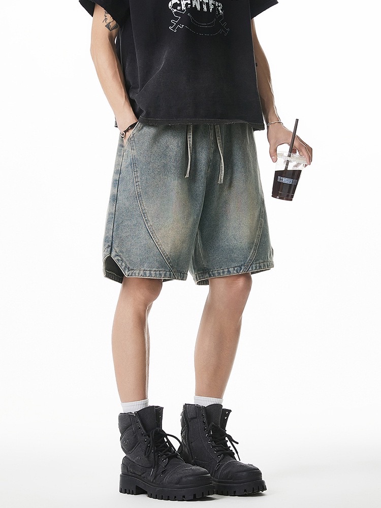 美式復古分割剪裁做舊牛仔五分褲