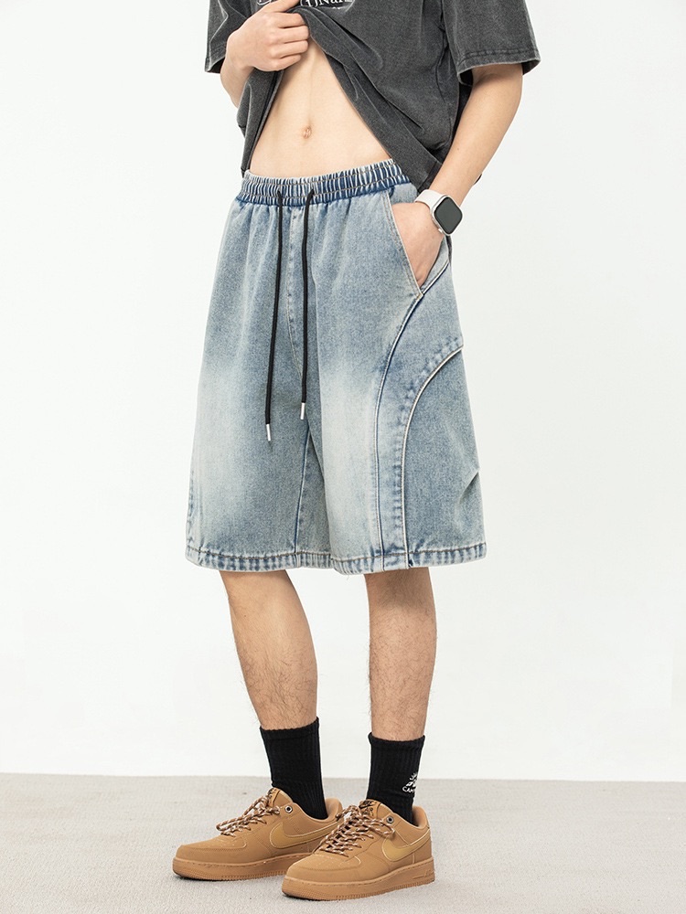 分割設計水洗做舊牛仔五分褲