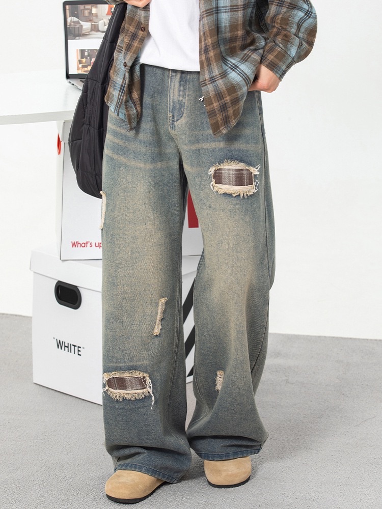 破洞格子水洗直筒休閒褲