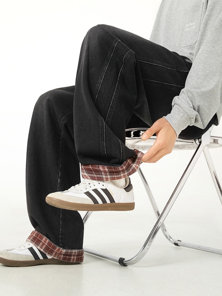 美式復古褲腳格紋直筒牛仔褲