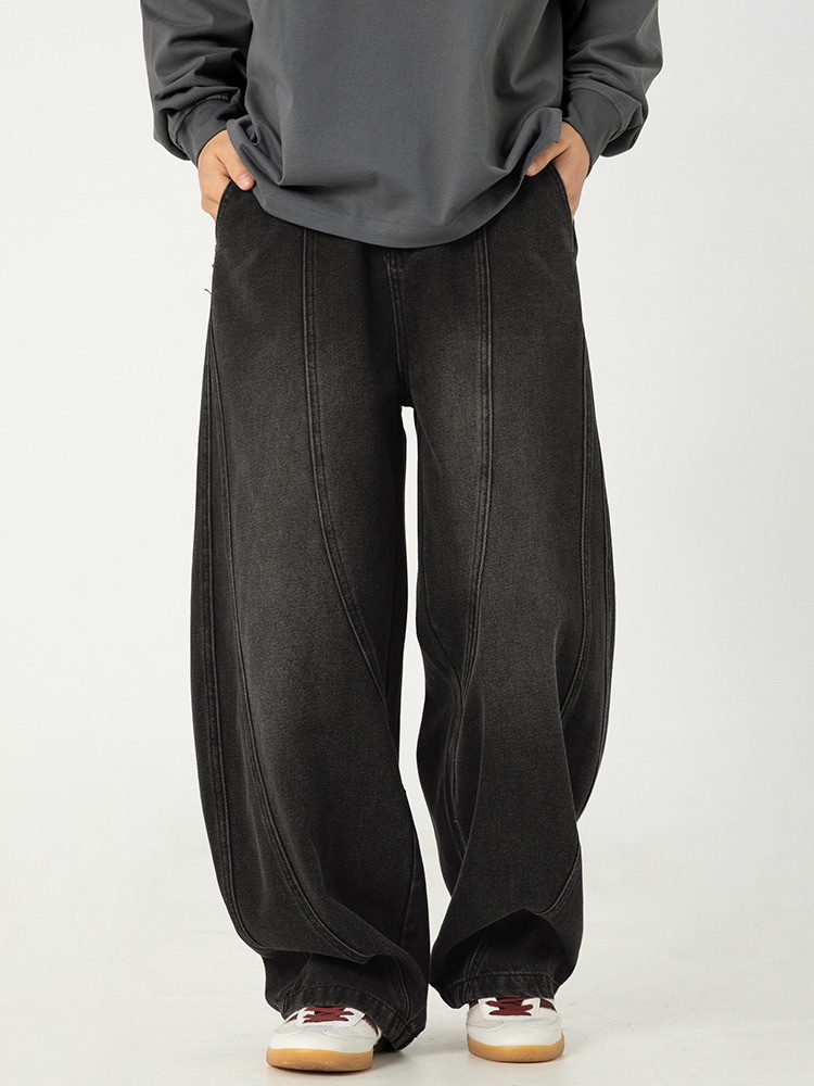 日系彎刀多裁片牛仔褲