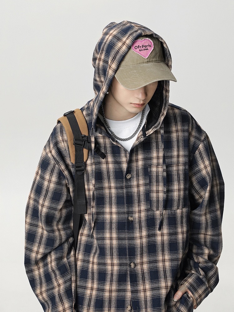 薄款春夏格紋寬鬆連帽外套