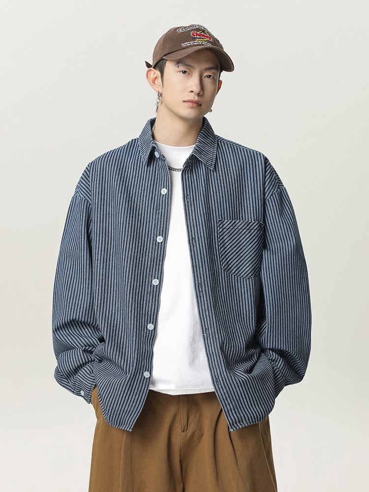 日系斜條紋牛仔藍襯衫外套