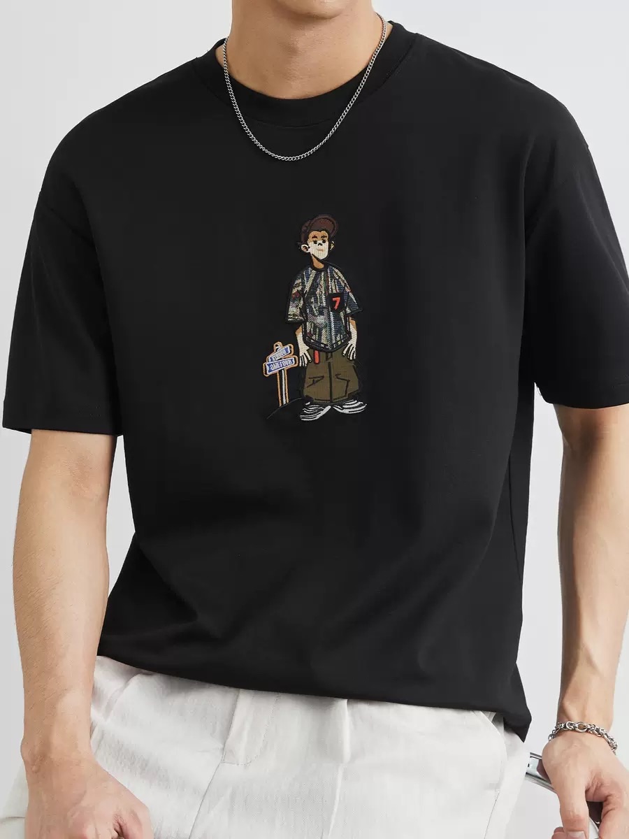 日系落肩刺繡薄款涼感T恤