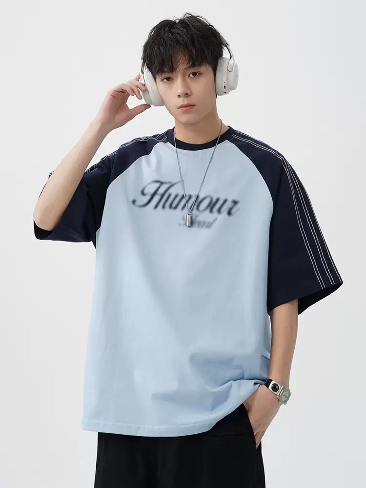 美式復古模糊印花插肩袖T恤