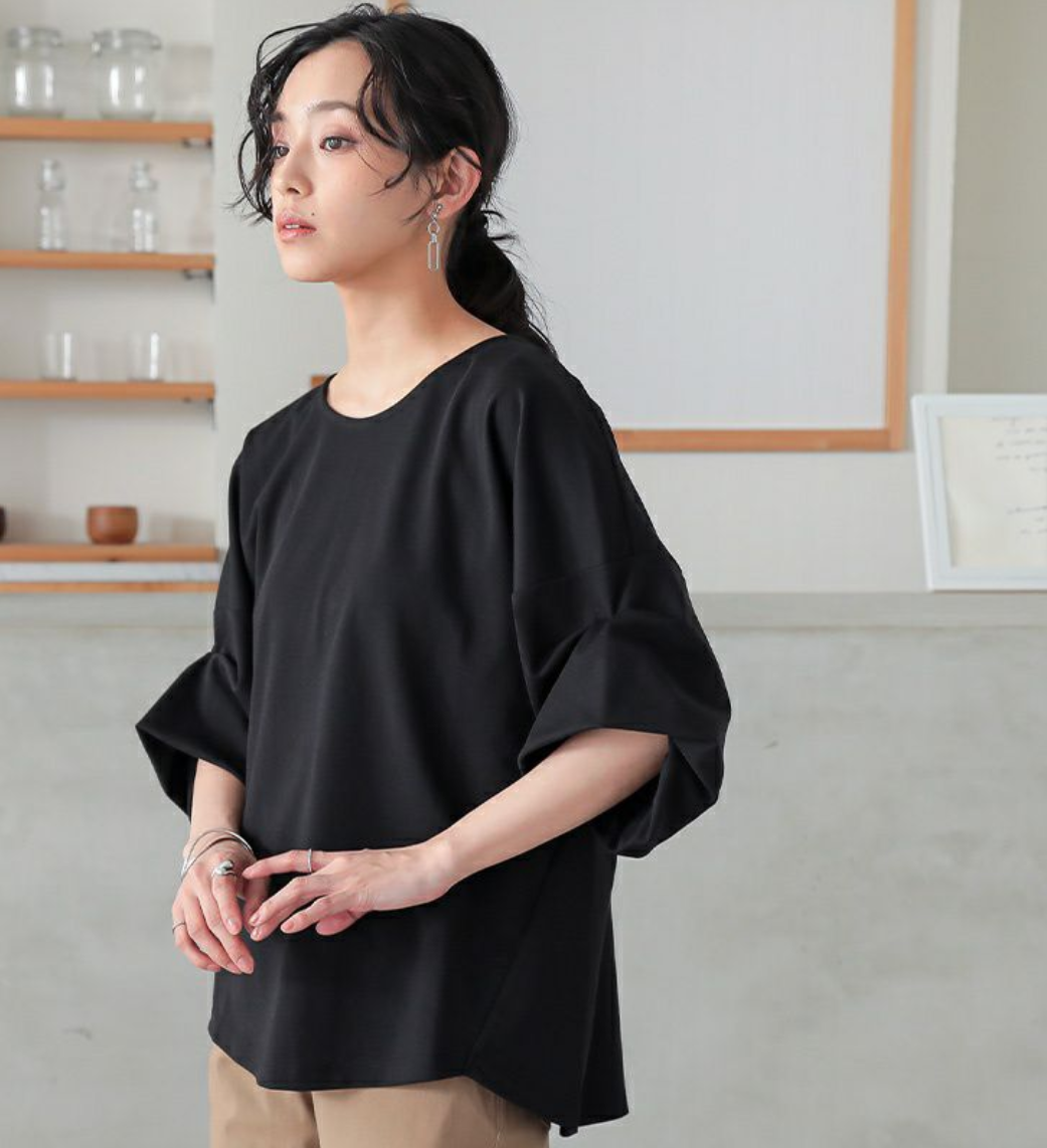 桃莉琪*moki*日系五分袖抓褶設計寬鬆罩衫-現貨
