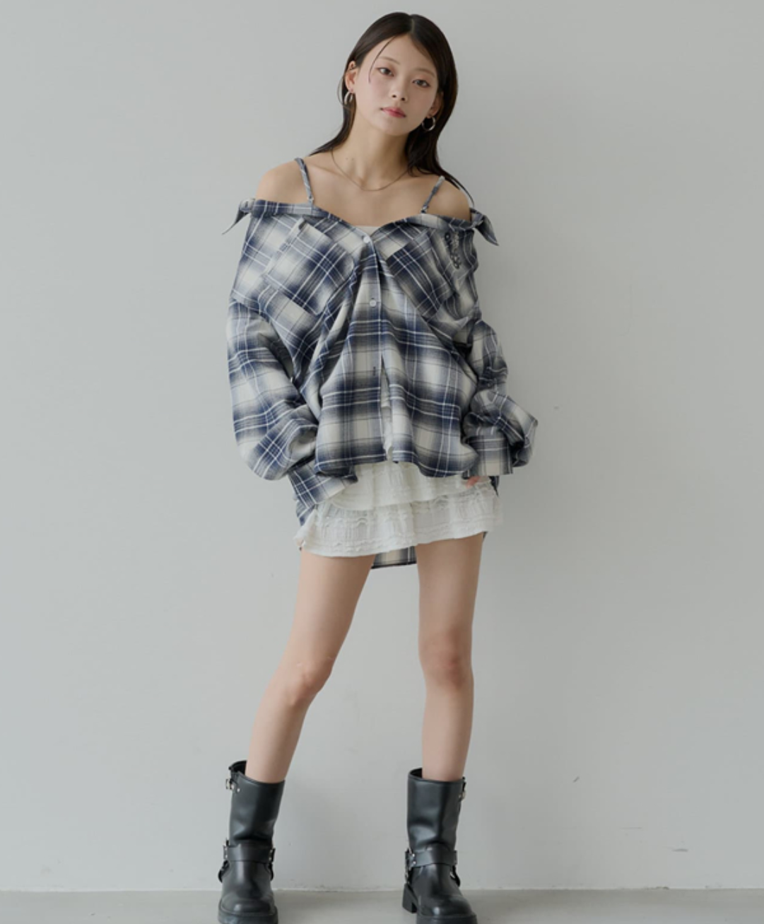 桃莉琪*moki*單品!!日系復古漸層格紋3way細肩帶可露肩長袖襯衫-現貨