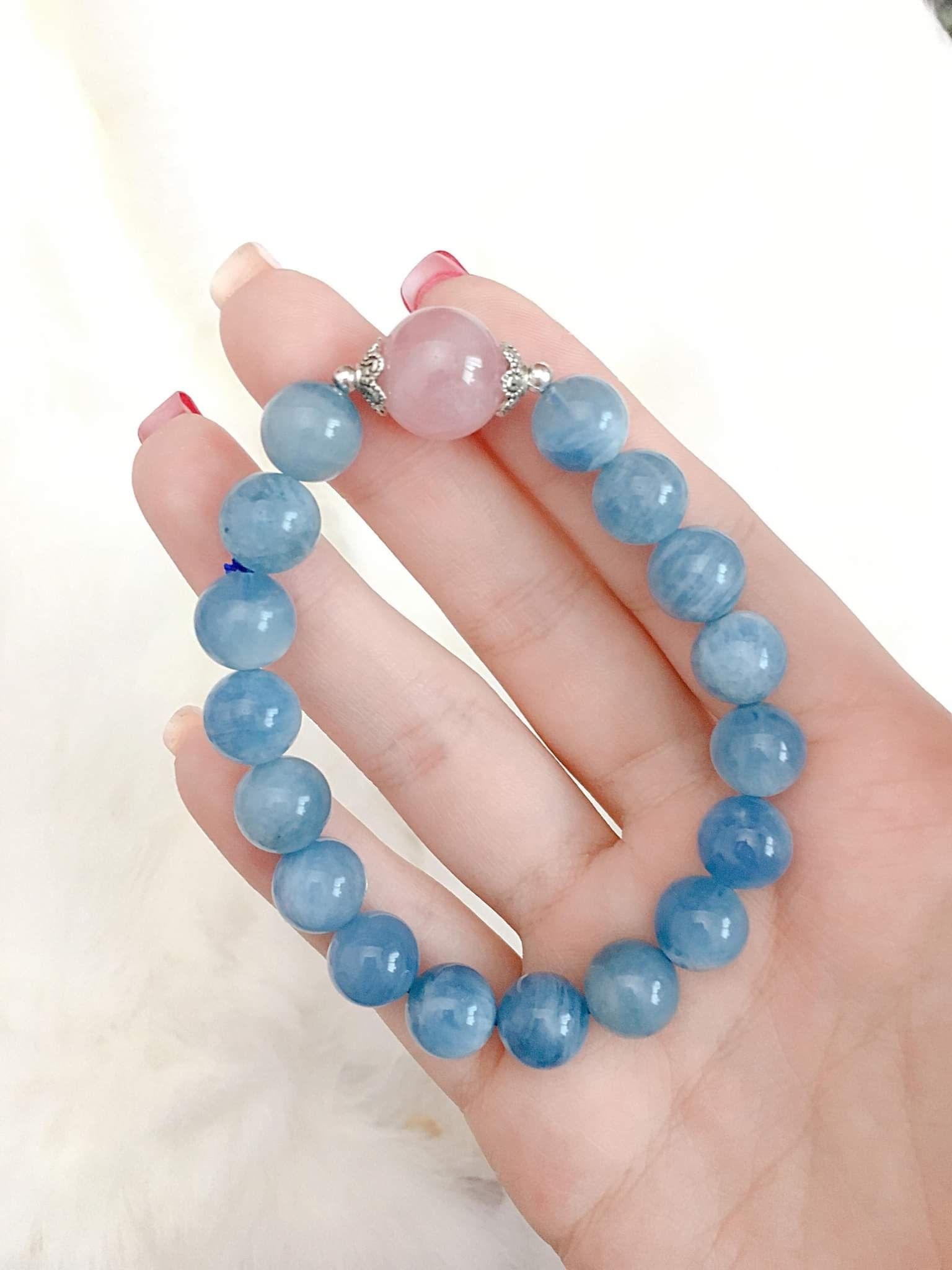 10mm海藍寶手串+主珠13mm粉晶，手圍約15cm