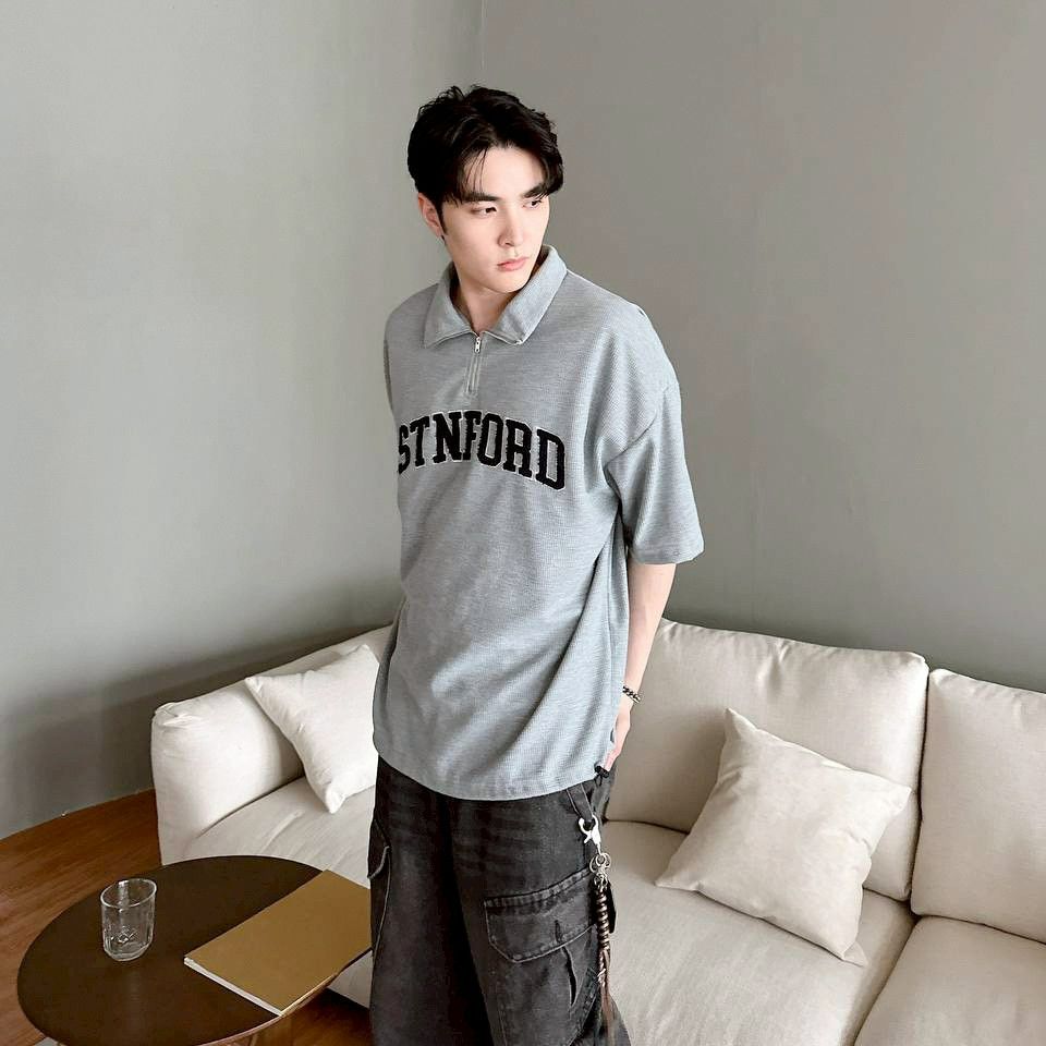【CIVON】 韓國  STNFORD 小高領 拉鏈 毛巾繡 華夫格 POLO衫 質感 短袖 短Tee 男女可穿 造型
