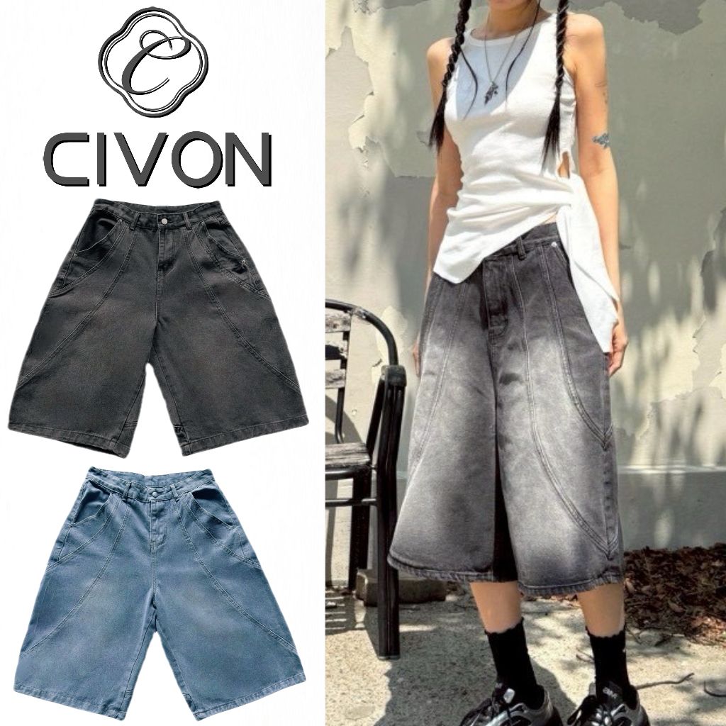 【CIVON】 螺旋車線牛仔七分褲 短褲 牛仔褲 七分褲 夏日 男女可穿 情侶款 中性款
