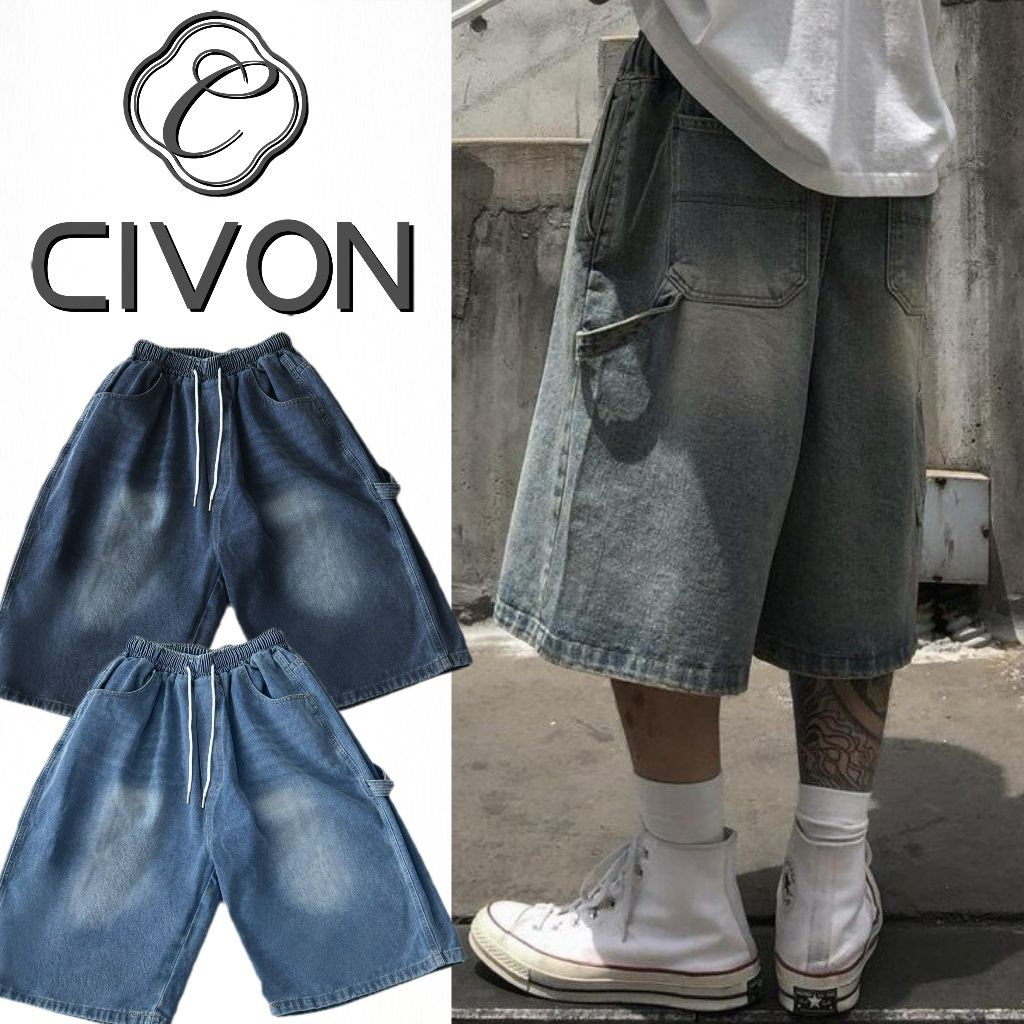 【CIVON】復古刷色畫家七分牛仔褲 男生 短褲 七分褲 刷色 復古 水洗 抽繩 寬鬆 有型 日常