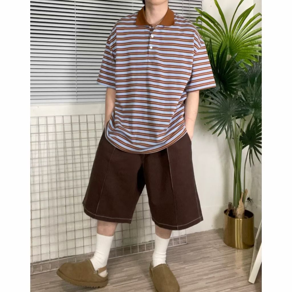 【CIVON】正韓韓系條紋撞色polo衫 寬鬆休閒 男生 條紋 polo 夏天 短袖 短衣 情侶衣