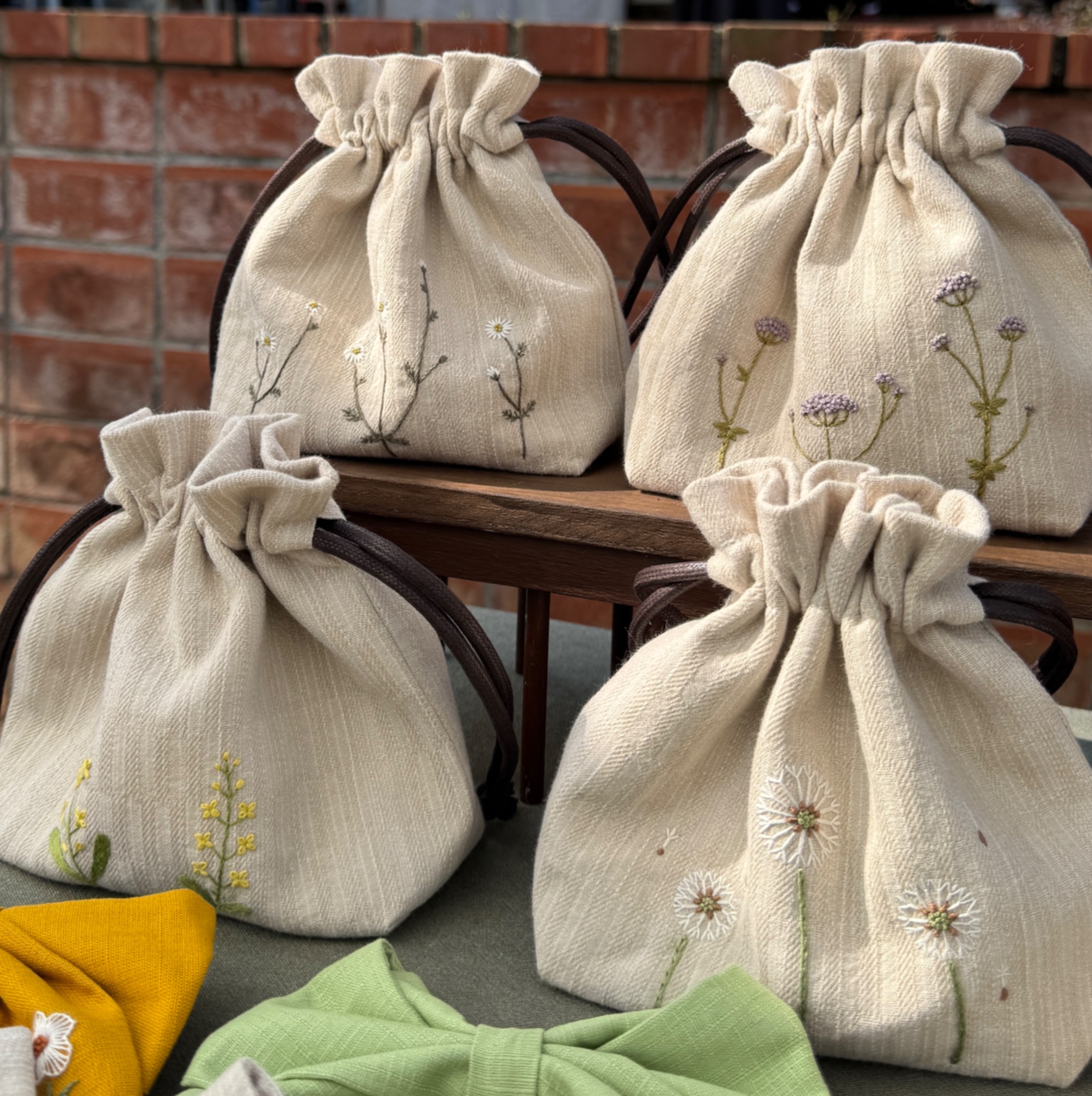 手工刺繡 日本先染布立體束口袋