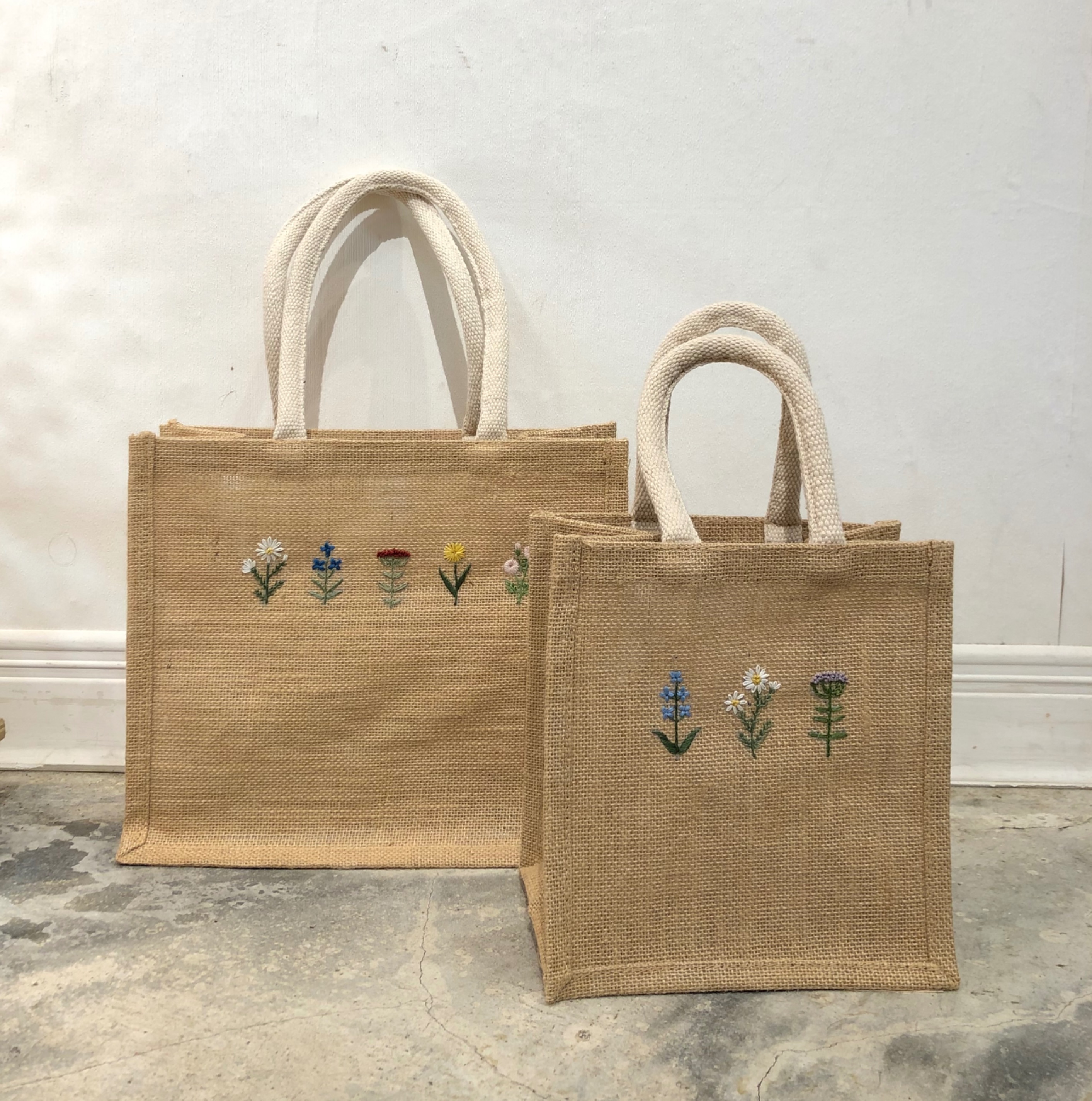 手工刺繡 小花園黃麻購物袋