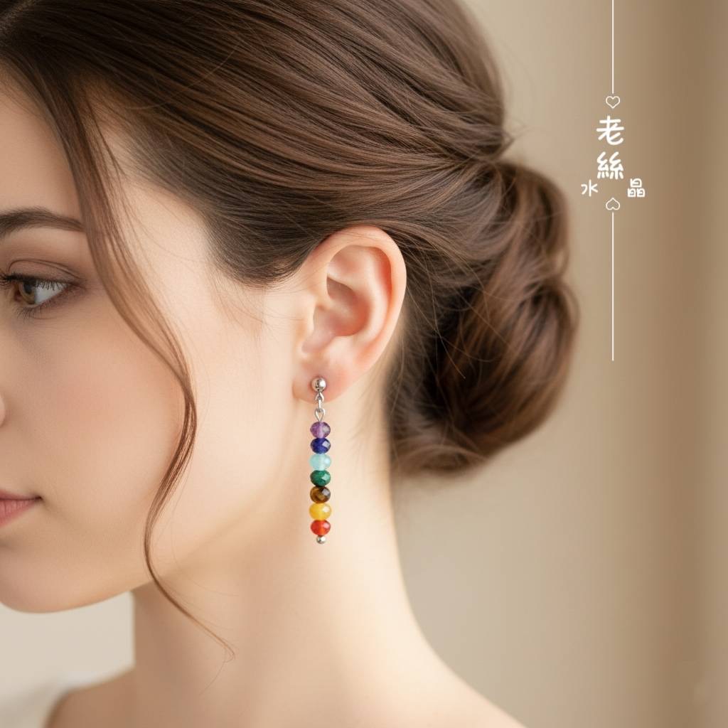 【老絲水晶】七脈輪能量耳環 耳針 耳夾 七脈輪耳飾 水晶耳環