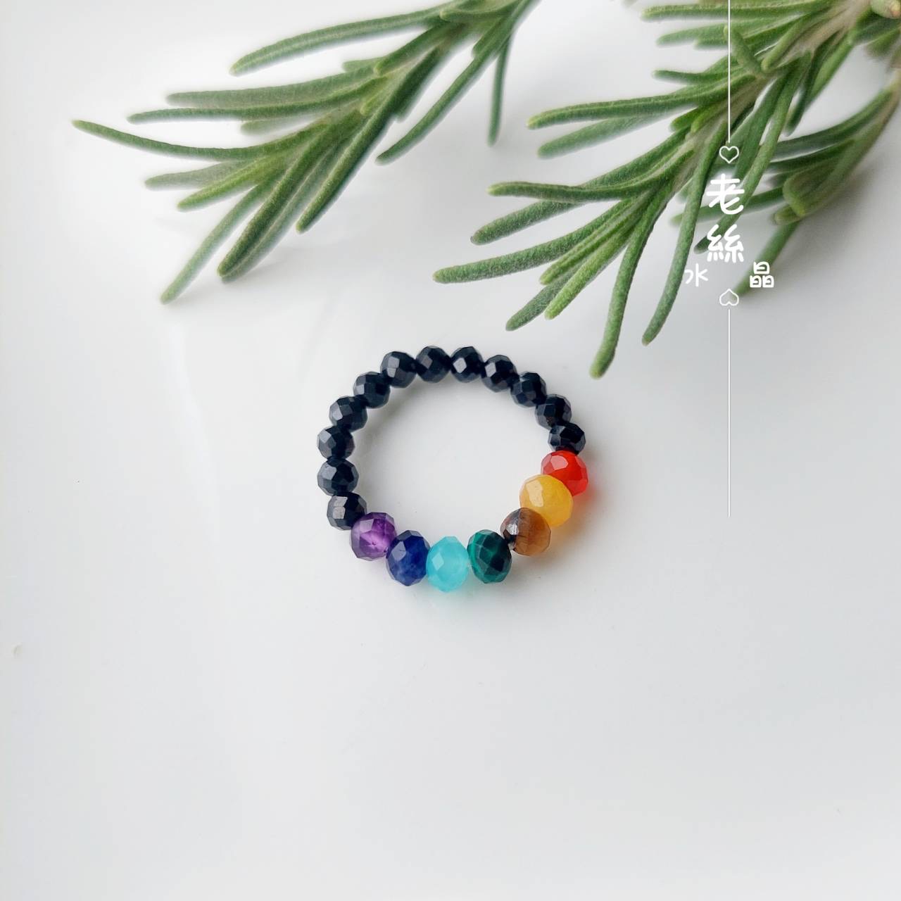 【老絲水晶】七脈輪能量戒指 水晶戒指 黑碧璽