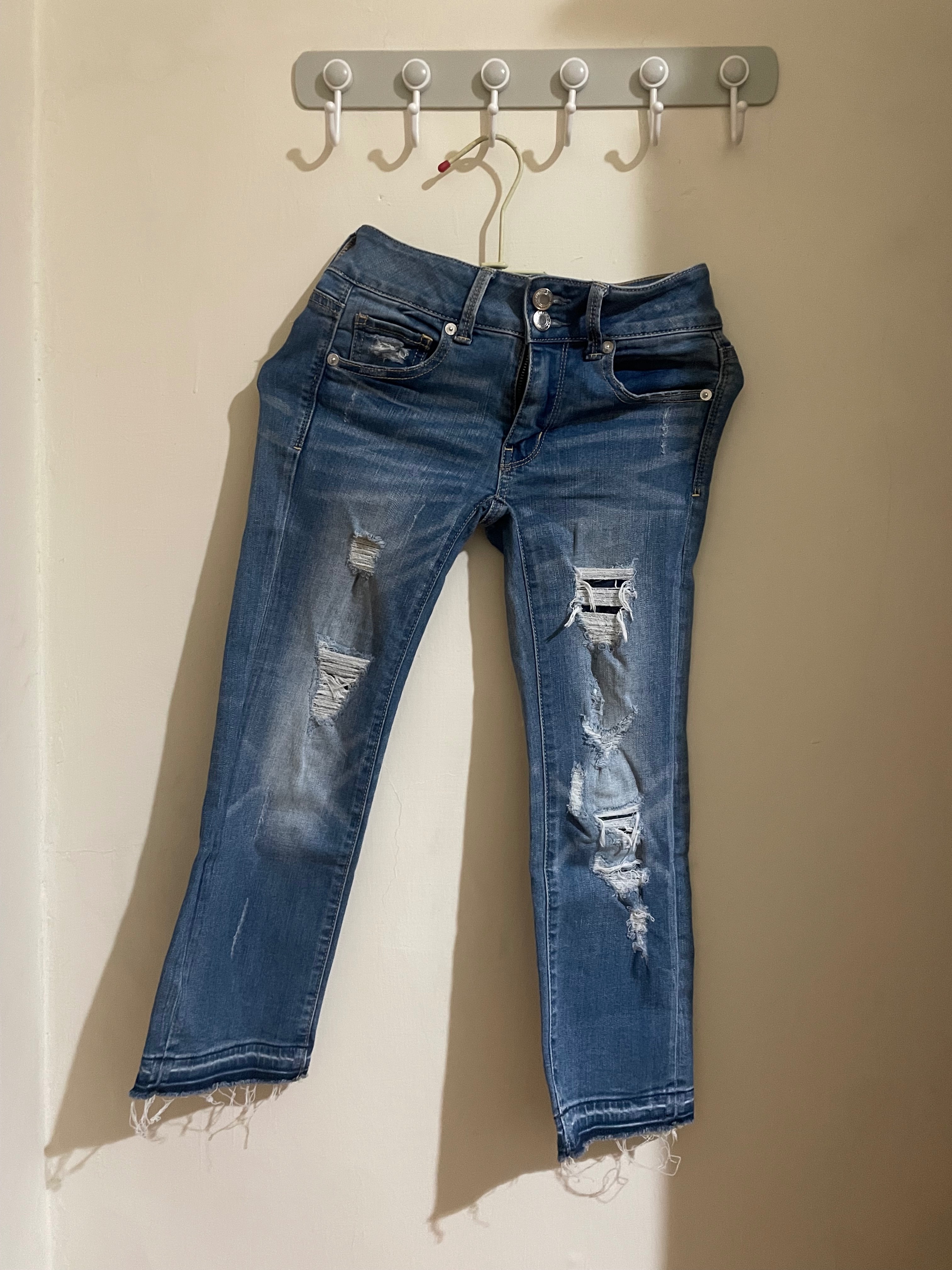 american eagle 牛仔褲 童裝 大童 女童 雙扣 刷破 /二手 狀態良好