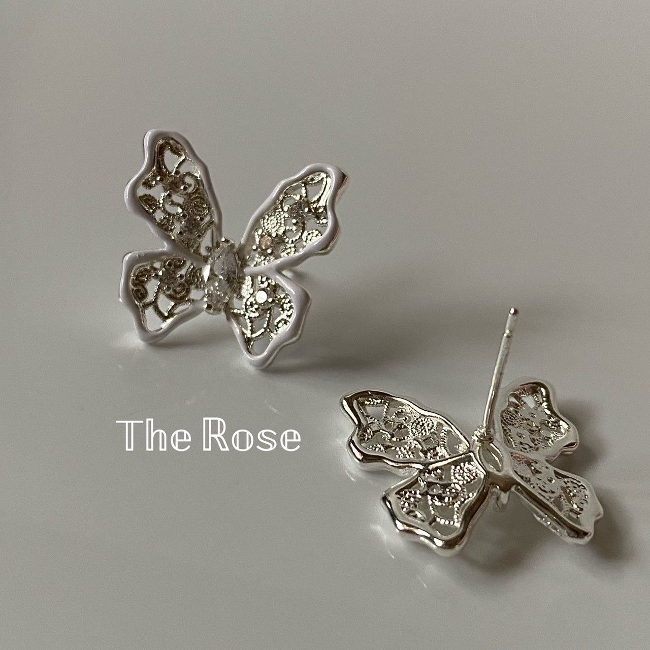 『尋光』耳環 重工款簍空蕾絲微鑲鋯石蝴蝶耳環 白色蝴蝶耳環 E0163