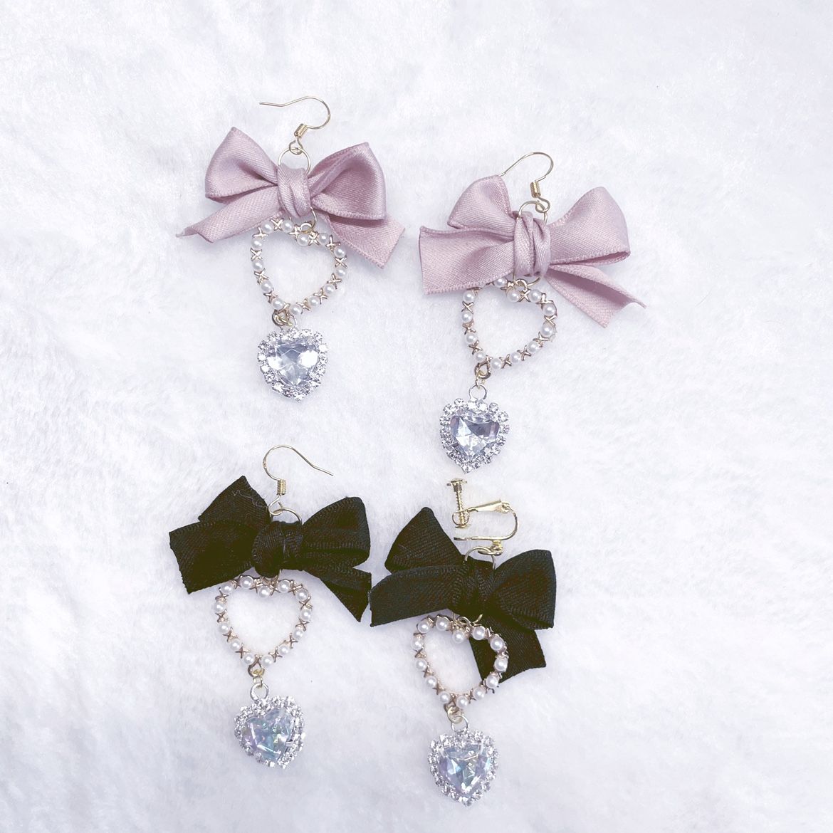 ［地雷系＆量產型］蝴蝶結愛心吊墜水鑽耳飾