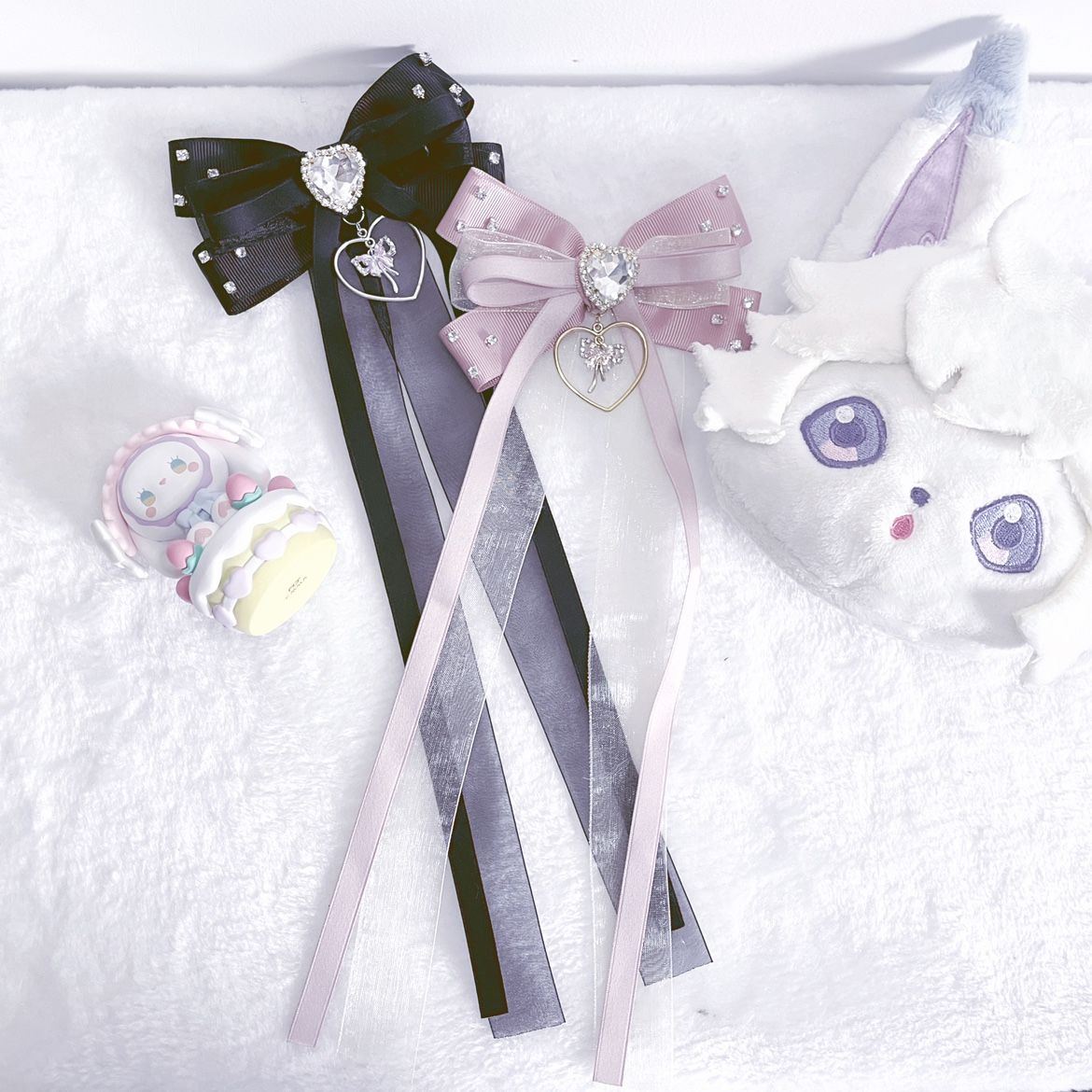 ［量產型］超長蝴蝶結愛心水鑽吊墜頭飾髮夾