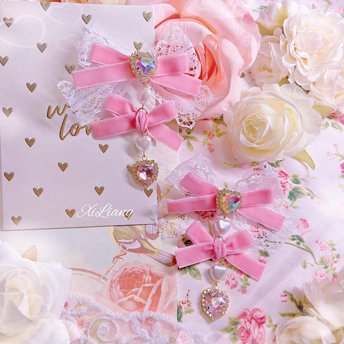 絲絨蝴蝶結吊墜愛心髮夾