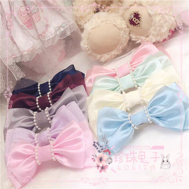 薄紗珍珠蝴蝶結手作髮夾