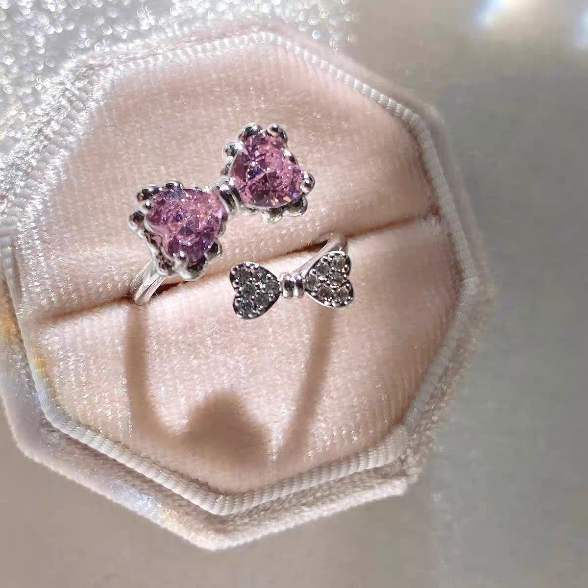 日系甜美粉鑽蝴蝶結可調節戒指