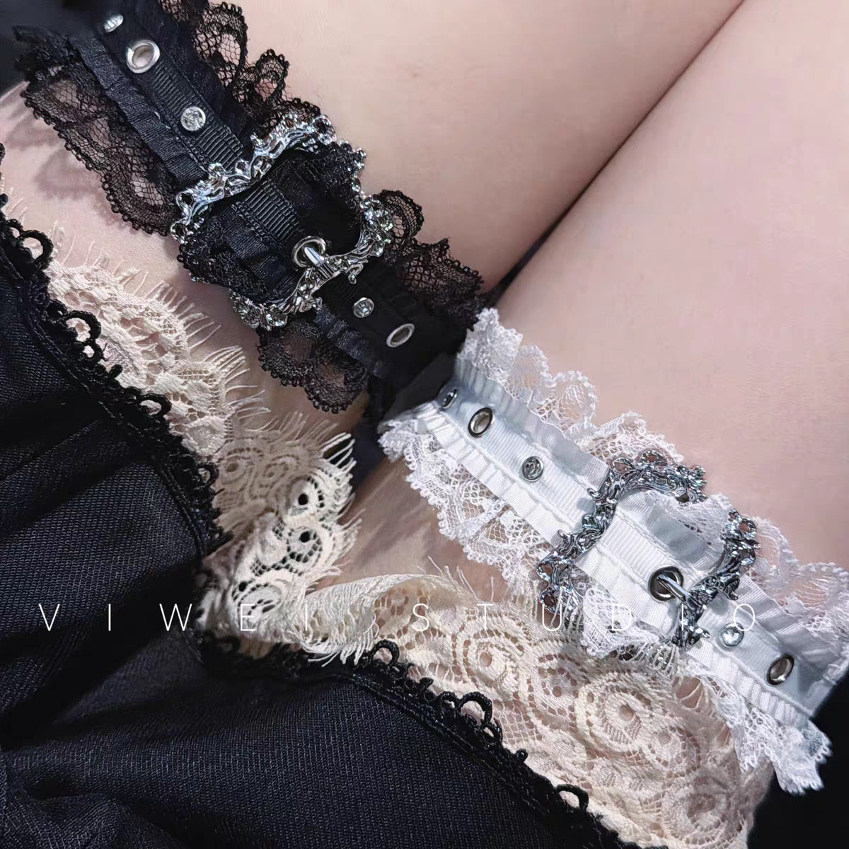 復古雕花金屬方扣蕾絲腿環