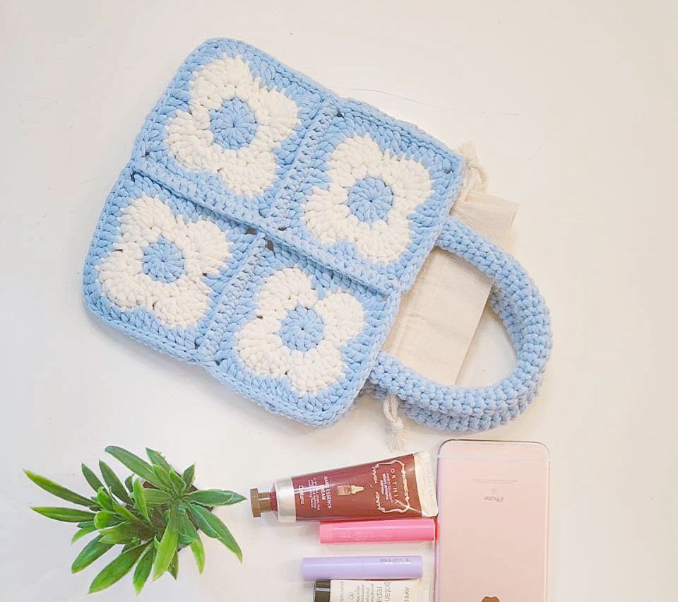 寶寶藍撞色「小花方提包」